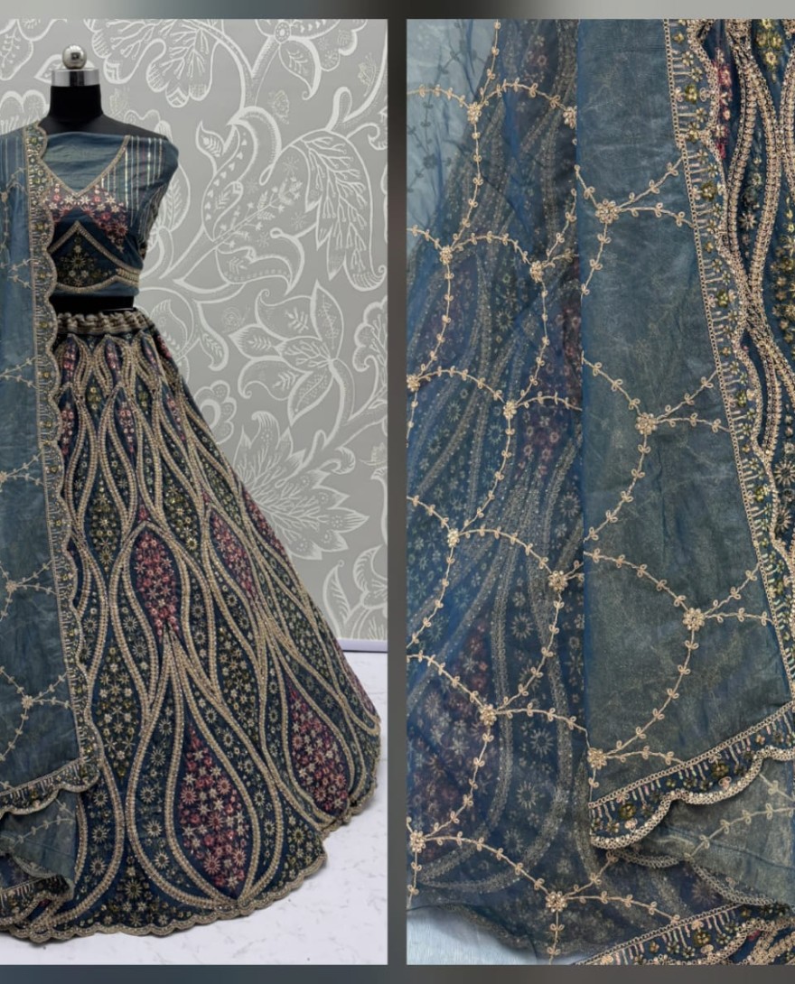BLUE - Abstinent Blue Art of Work with Detailed Thread work Designer LehengaCholi perfect for reception wear